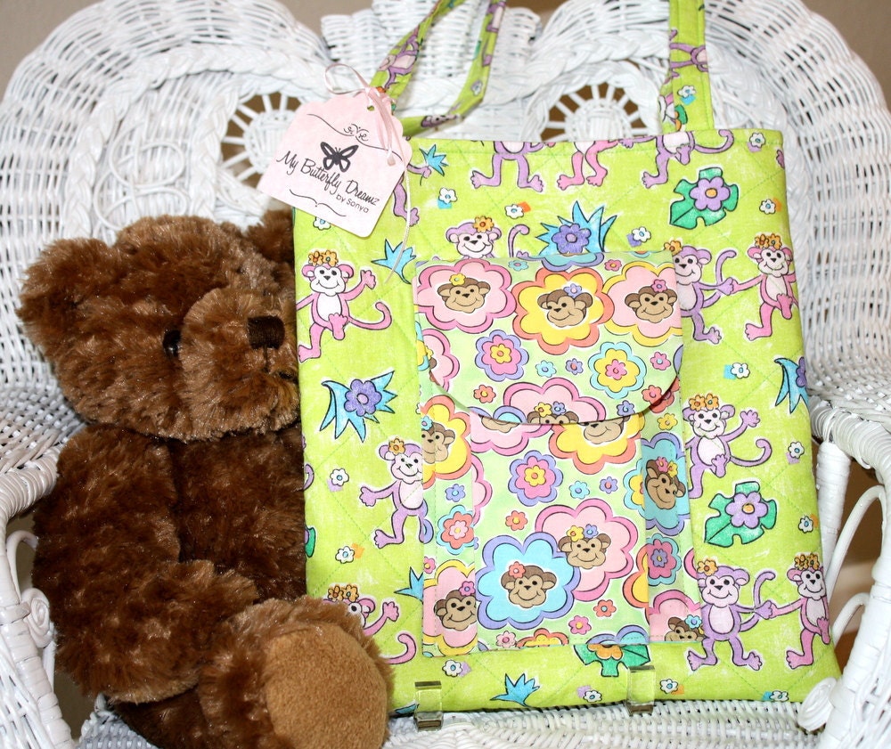 Quilted Girl's Book Tote Bag with Pleated Front Pocket in Girl Monkeys