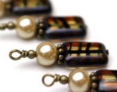 4 Piece Pearl and Flat Rectangle Amber Tortoise Edge Firepolished Czech Bead Dangle Charm Drop Set