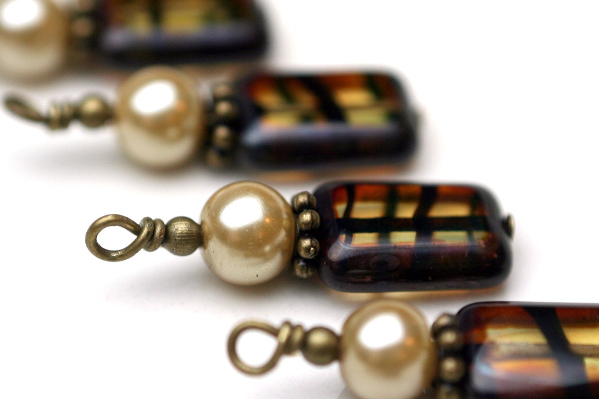 4 Piece Pearl and Flat Rectangle Amber Tortoise Edge Firepolished Czech Bead Dangle Charm Drop Set