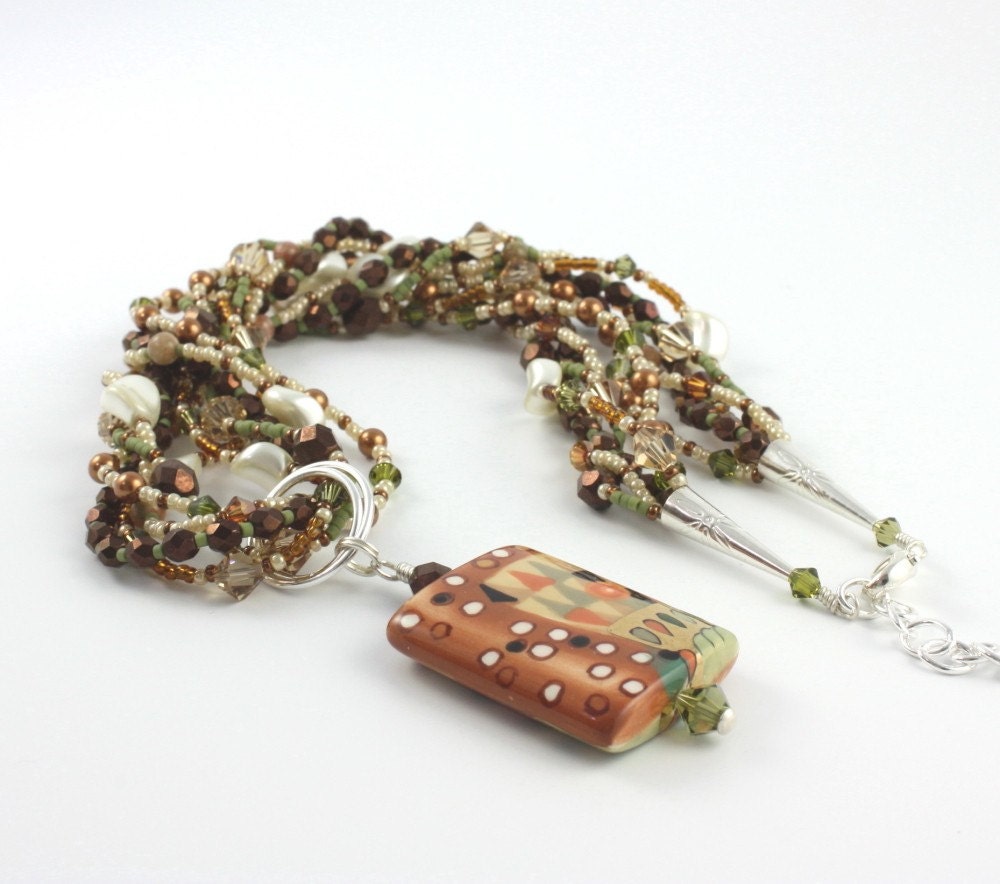 Multi Strand Pearl Necklace Peach Copper Sage Green Rustic