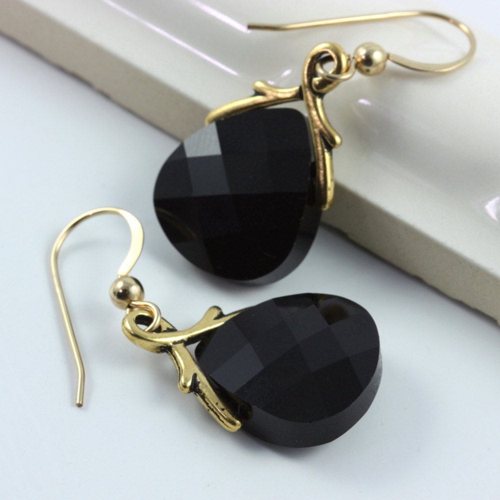 Black Crystal Earrings Jet Black Briolette Classic Gold Filled Sophisticated Prom Jewelry