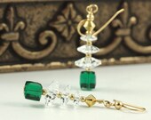 Holiday Jewelry Tree Earrings Forest Green Gold Clear Christmas Tree Swarovski Crystal
