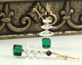 Holiday Jewelry Christmas Tree Earrings Red Gold Green Clear Tree Swarovski Crystal
