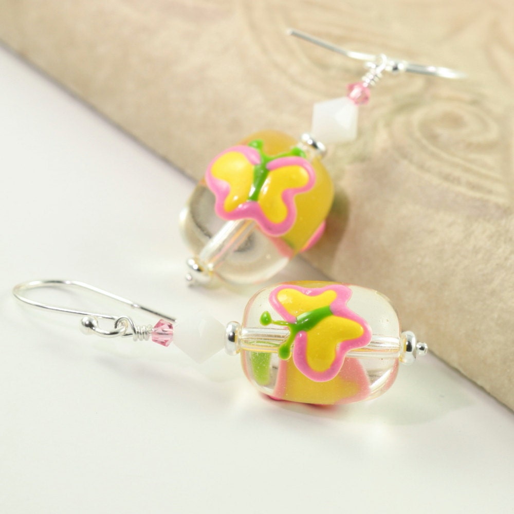 Easter Earrings Butterfly Pink Yellow Swarovski Crystal Egg Shaped Sterling Silver Easter Jewelry