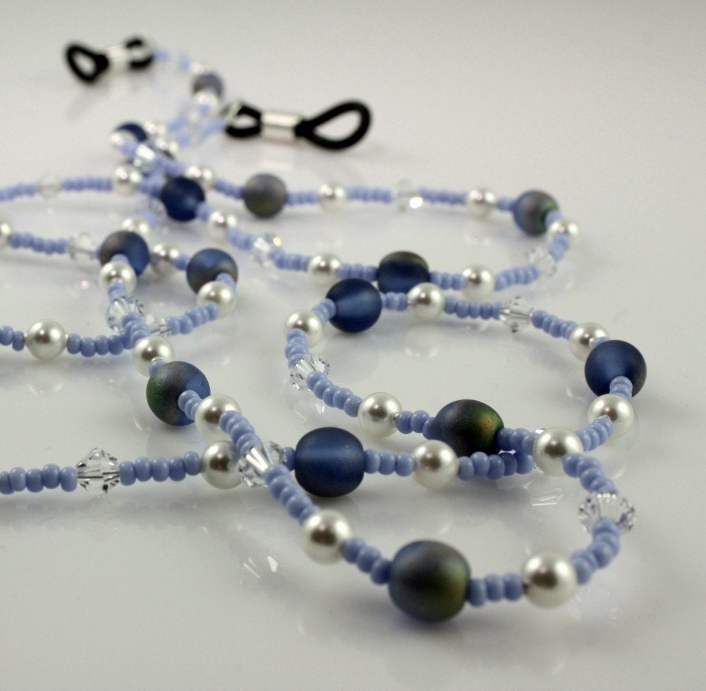 Blue Eyeglass Holder Lanyard White Pearl Crystal Beaded Back to School For Teacher
