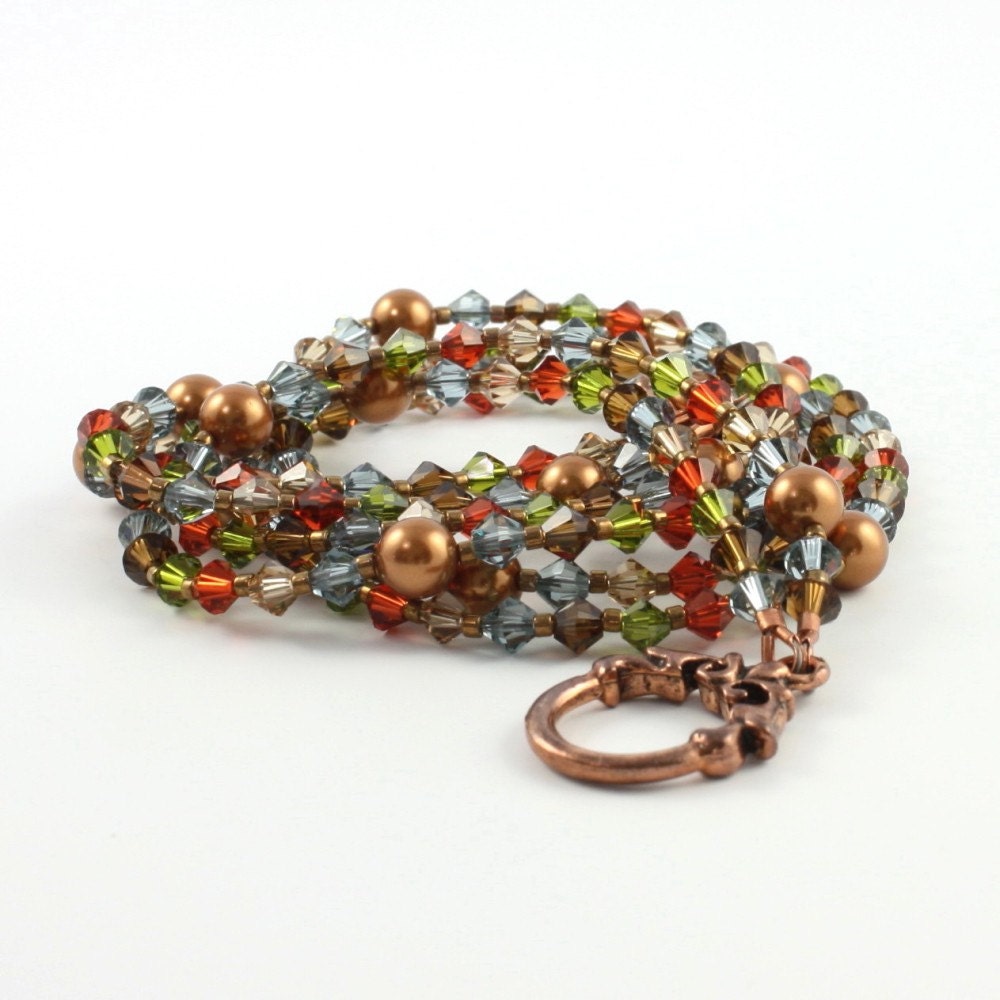 Fall Fashion Necklace Pearl Boho Topaz Copper Olive Blue Multi Strand Autumn Colors