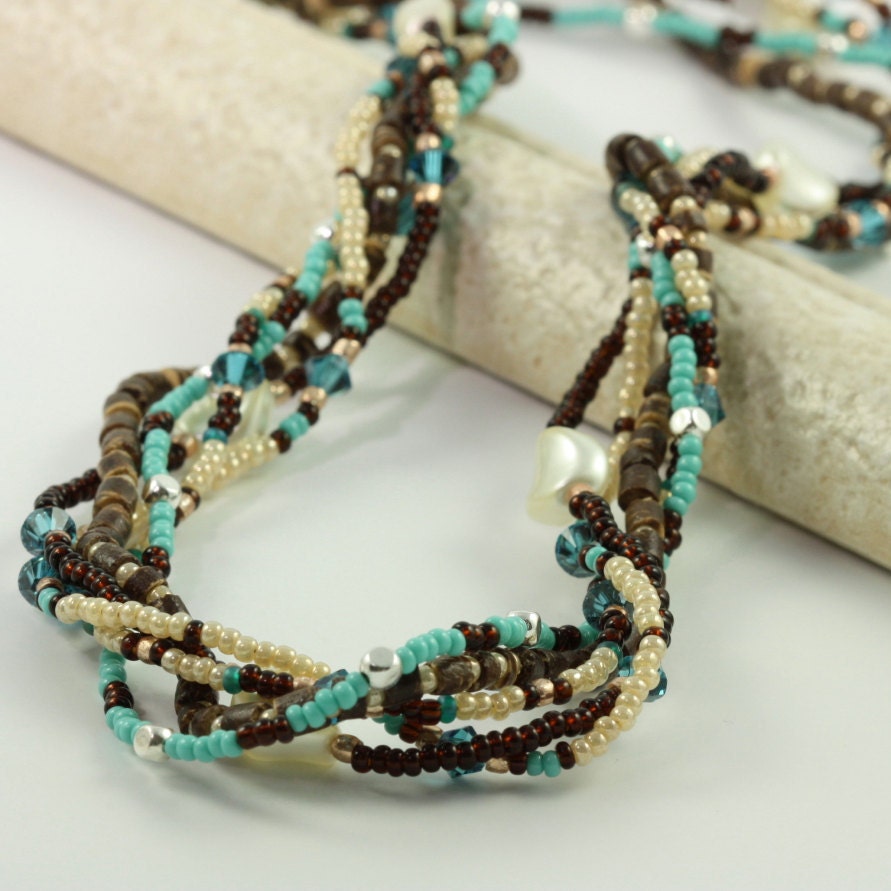 Multi Strand Necklace Pearl Teal Brown Cream Shell Pendant