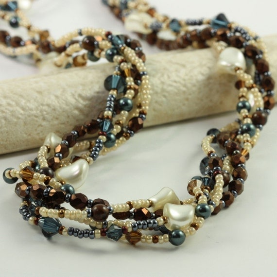 Multi Strand Pearl Necklace Blue Crystal Earthy Bronze
