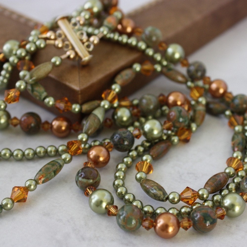 Multi Strand Necklace Green Copper Pearl Rhyolite Gemstone