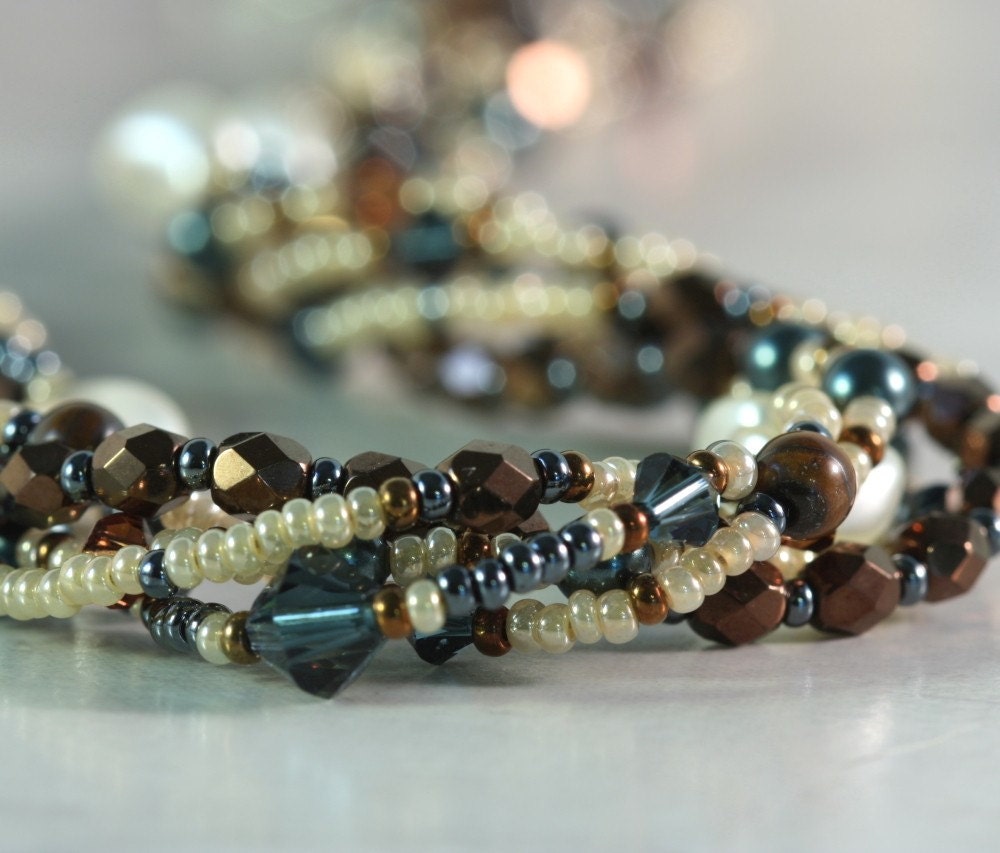 Multi Strand Pearl Necklace Blue Crystal Earthy Bronze