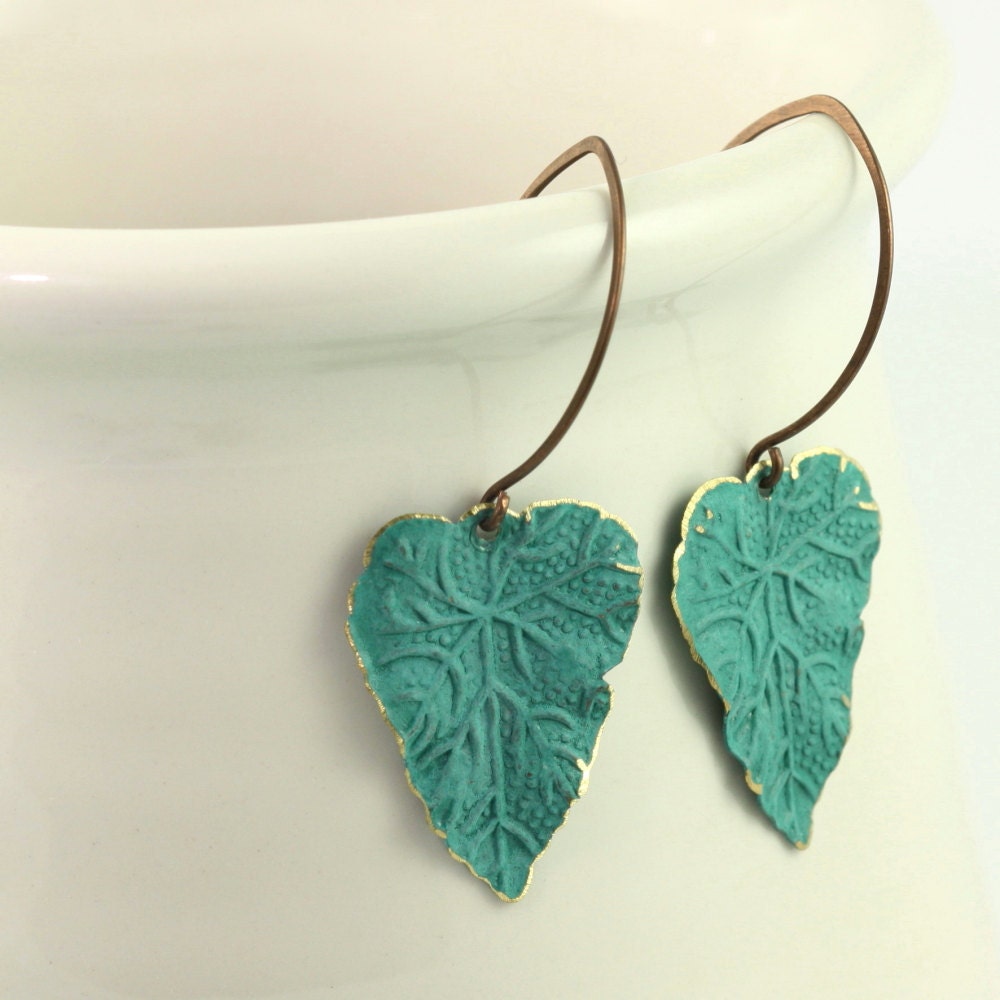 Teal Blue Leaf Earrings Rustic Brass Patina Handmade Copper Ear Wires Woodland Jewelry