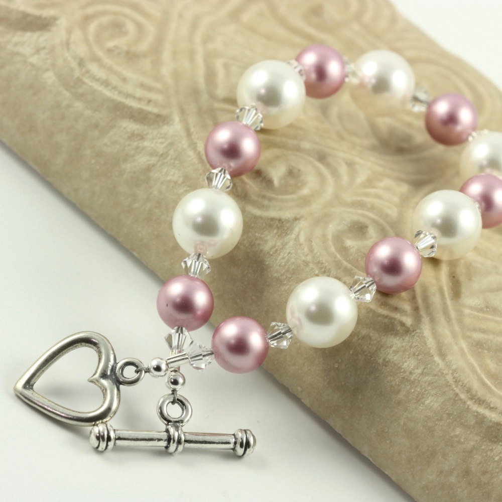 White Pearl Bracelet Pink Pastel Dusty Rose Mauve Crystal Bridal Jewelry Spring Fashion Sterling Heart Prom Jewelry