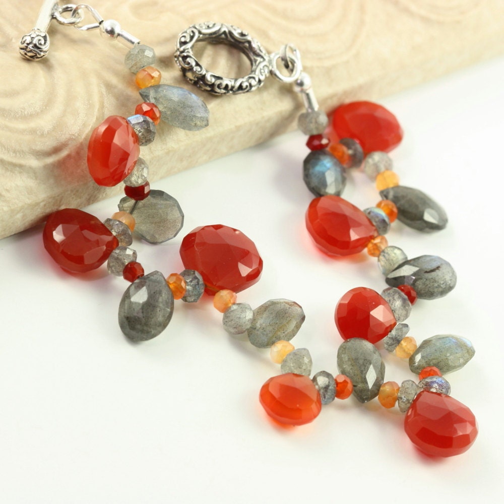 Chalcedony Bracelet Labradorite Gray Gemstone Pomegranate Carnelian Sterling Toggle Clasp
