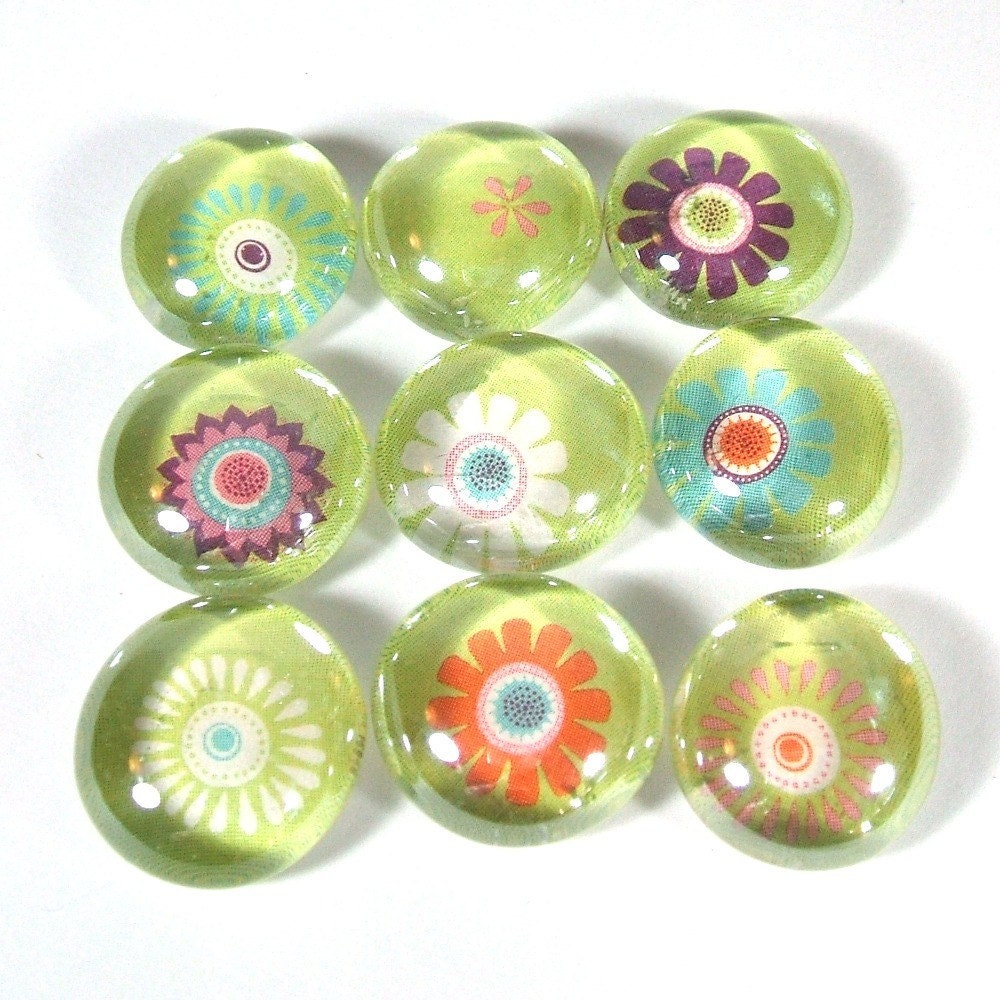 Glass Marble Magnets or Push Pins Set -  Pop Art Flowers
