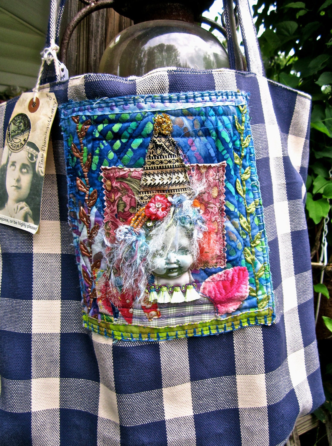 Large Tote Bag with Original Art Quilt, ceramic face, embroidery OOAK  tateam  Not available for wholesale