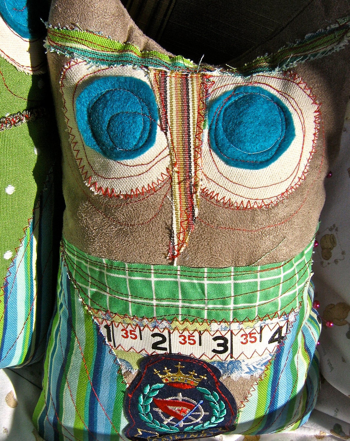 Owl Pillow Retro  vintage carpenters measuring tapeStuffed animal  Owl Pillow Novelty stuffed owl toy