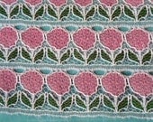 Pink Flower trim with green leaves wide age unknown  2 7/8 inches wide lace edging embellishment sewing supplies
