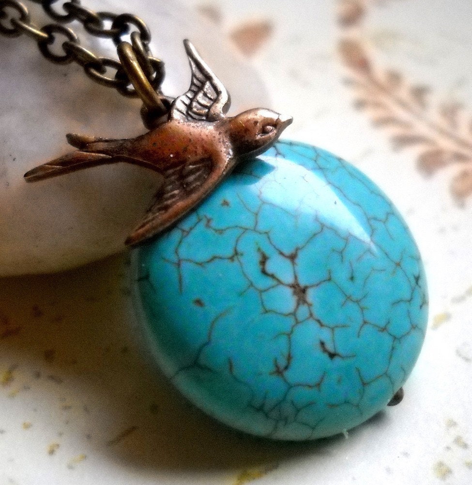Free shipping. Bird Sparrow and Wire wrapped turquoise coin bead. Brass Necklace. World Traveler.