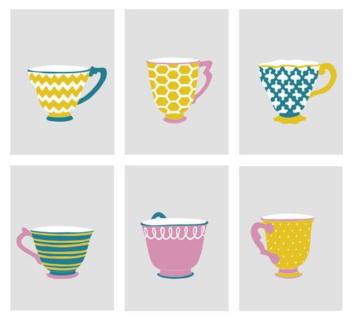 Girls room decor, modern teacup prints, set of 6, 5 x 7 art prints - different sizes and colors available