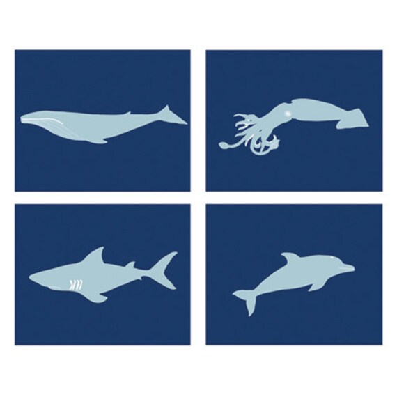 Baby boy nautical nursery, ocean art set of 4, 13 x 19 prints - customizable colors