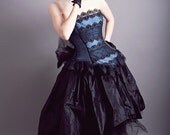Masquerade Gown Steampunk Wedding Midnight Blue Silk and Black Lace-Custom to your size