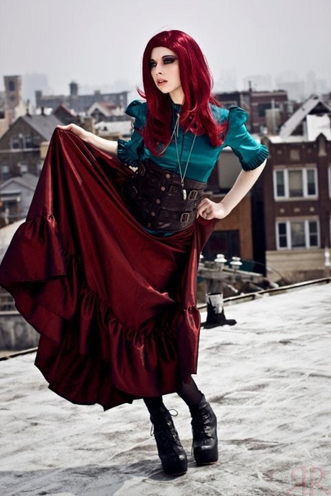 Plus Steampunk Skirt in Red Taffeta Long - Custom to your size 3X-5X