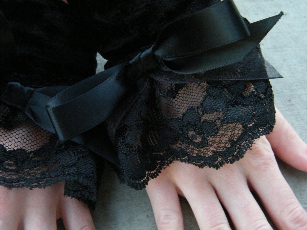Lolita Wrist Cuffs Black Lace and Stretch Velvet-Custom to Order