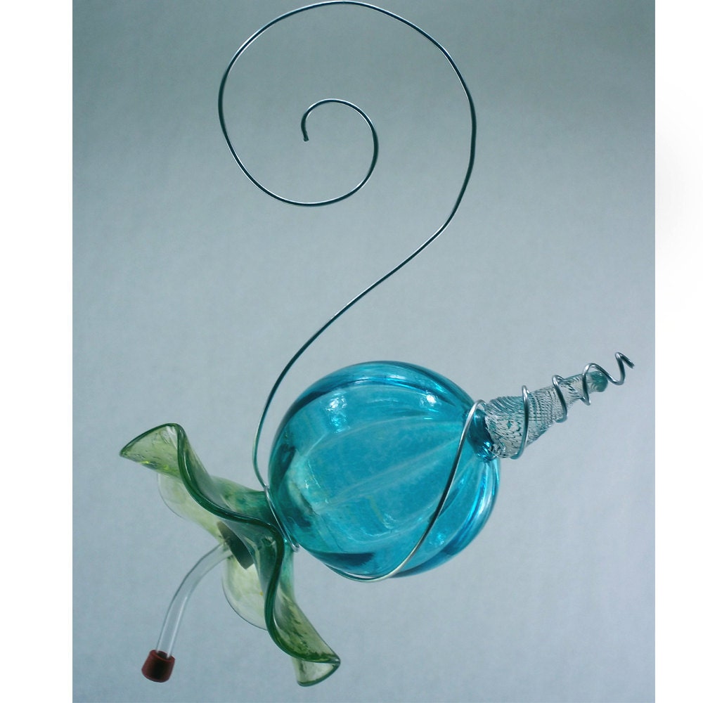 Blown Glass Hummingbird Feeder Aqua Lagoon and Lime Free Shipping