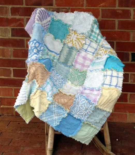 Vintage Chenille Rag Patchwork Quilt