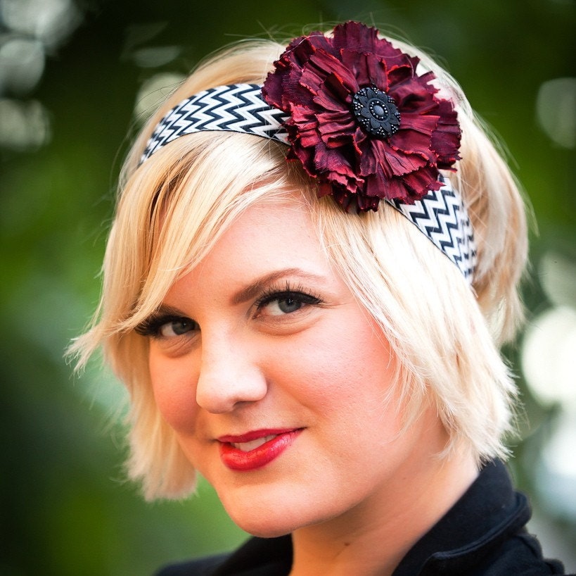 Zig Zag Black and White Headband with Red Flower Clip 3 in 1 The AURELIE