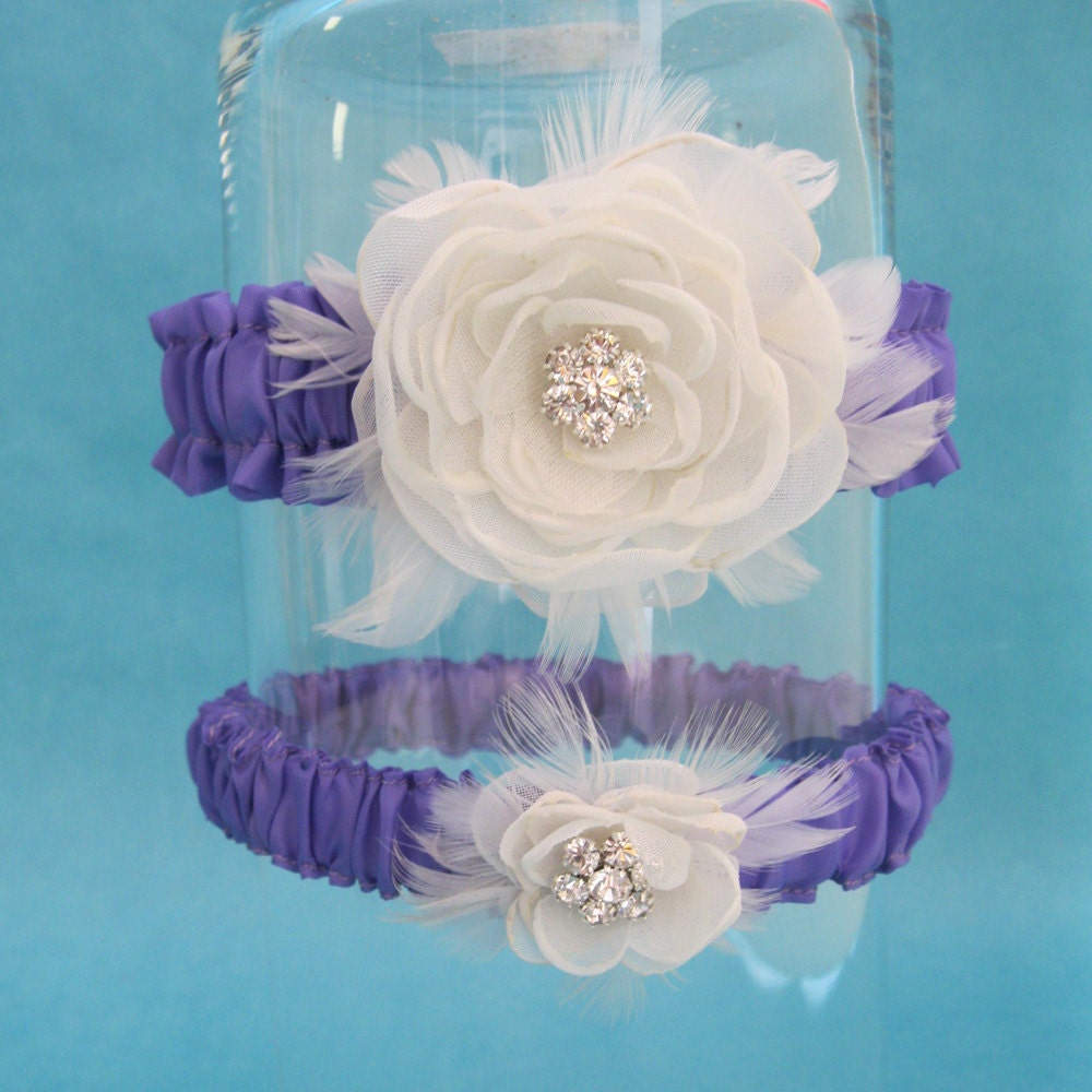 Garter Set Lavender and Ivory Organza Rose Feather Garter Set C025 - bridal garter accessory