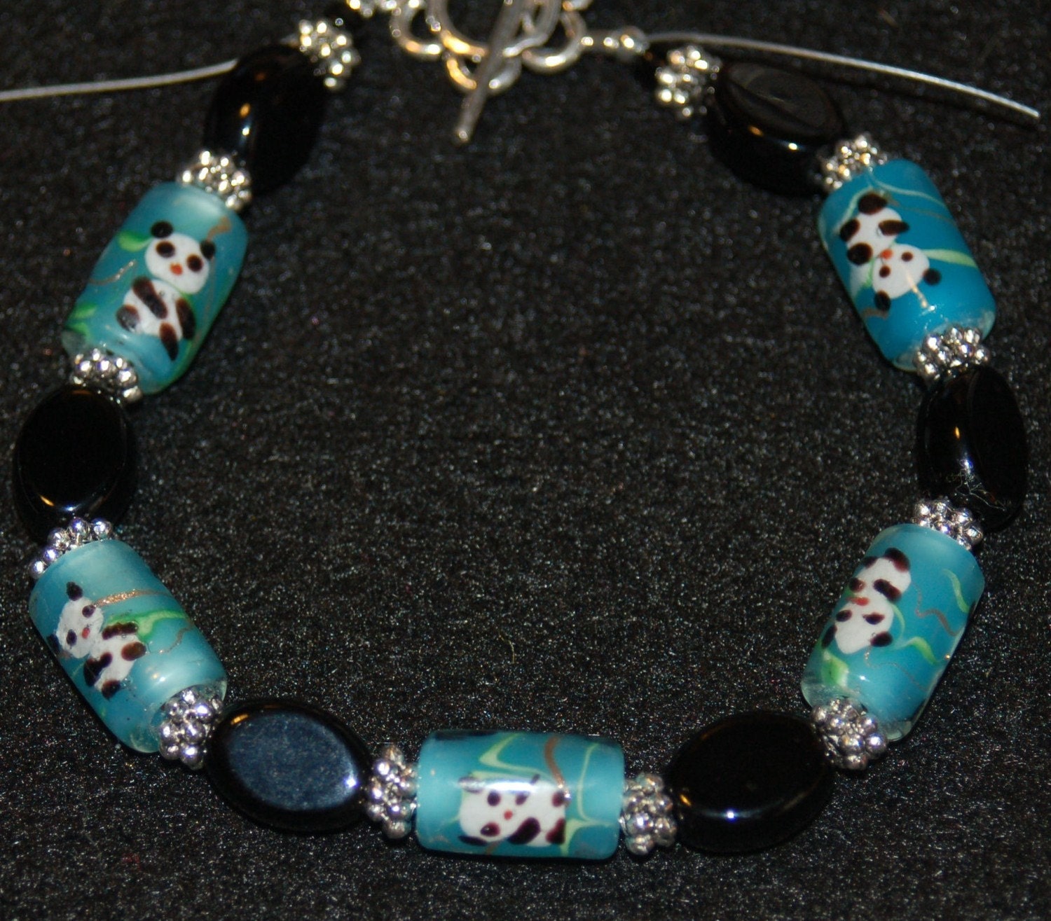 Adorable Panda Bear Bracelet with Lampwork Pandas, Sterling Silver, and Black Beads