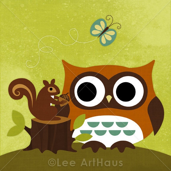 81R Retro Owl Squirrel Butterfly 6x6 Print