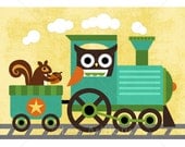 179B Bright Owl and Squirrel on Train 5x7 Print