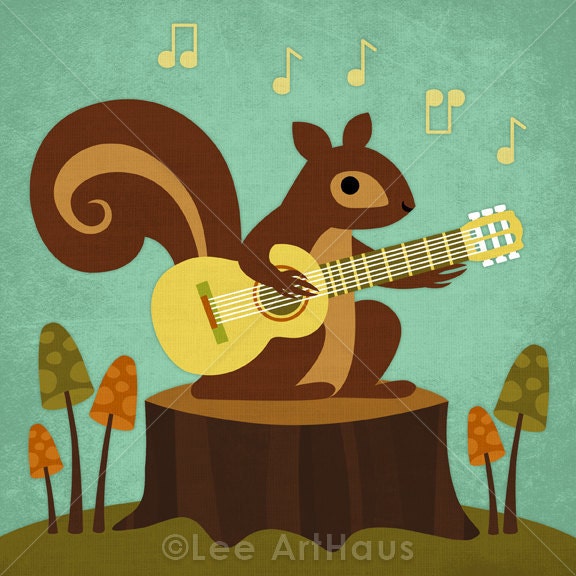 146R Retro Squirrel Playing Guitar 6x6 Print