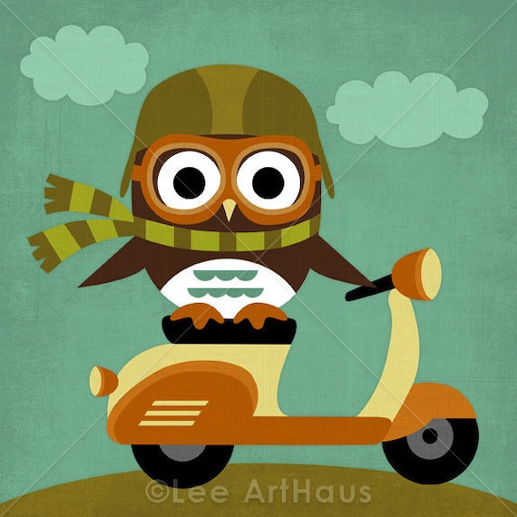 58R Retro Owl on Vespa 6x6 Print