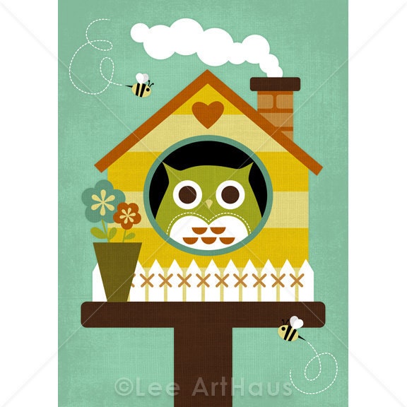 101R Retro Owl House and Bees 5x7 Print