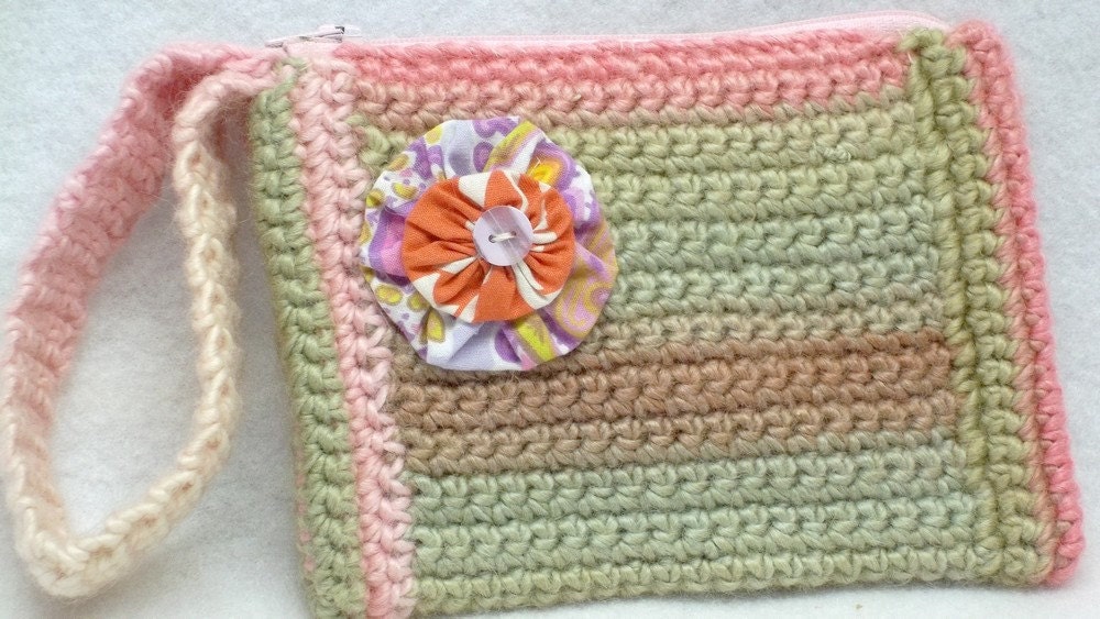 Pink green crocheted upcycle Wrislet  clutch purse women eco-friendly Treasury Item