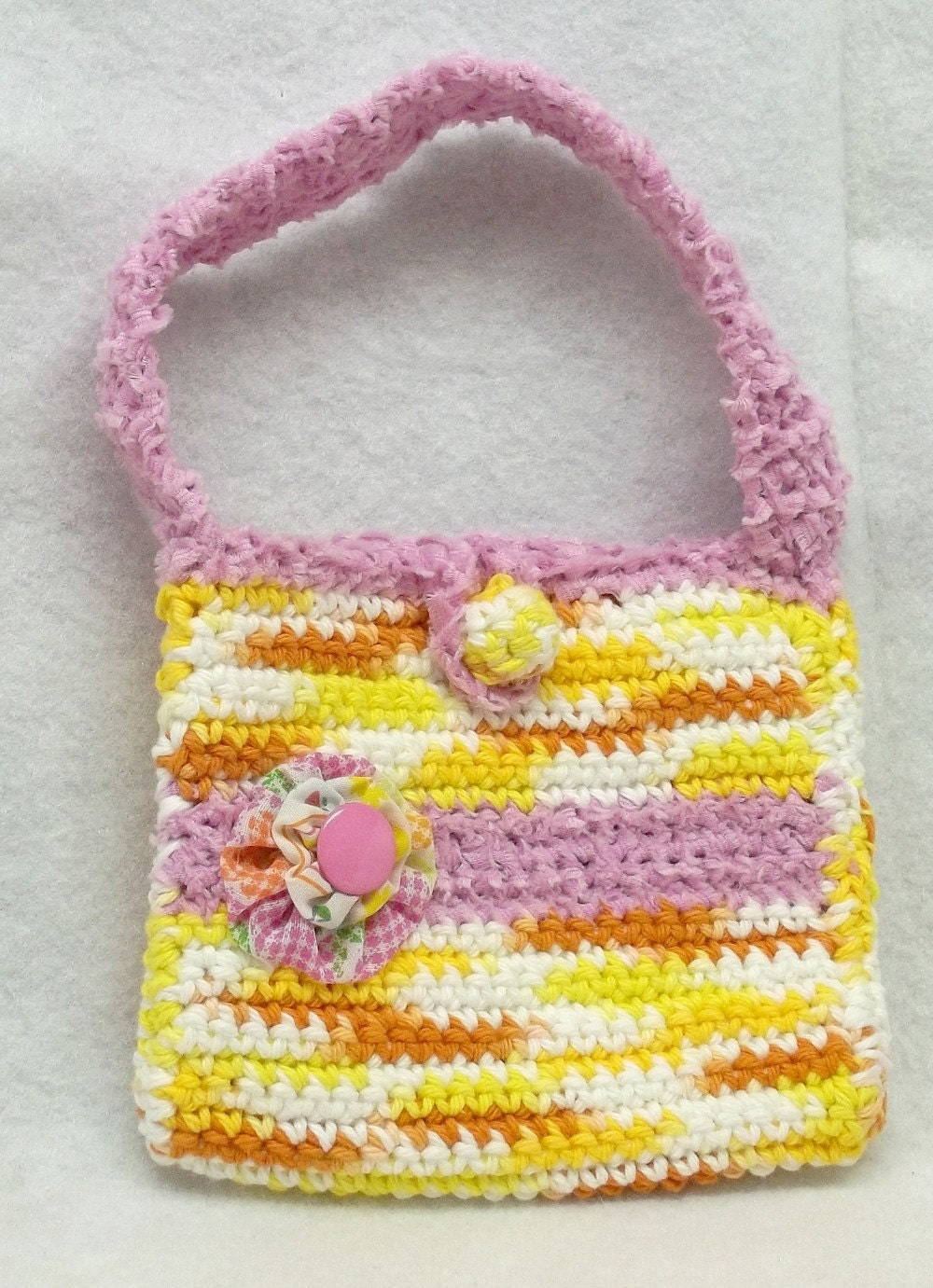 Upcycled Crocheted yellow pink cotton acrylic yarn purse yoyo handmade button eco-friendly treasury item