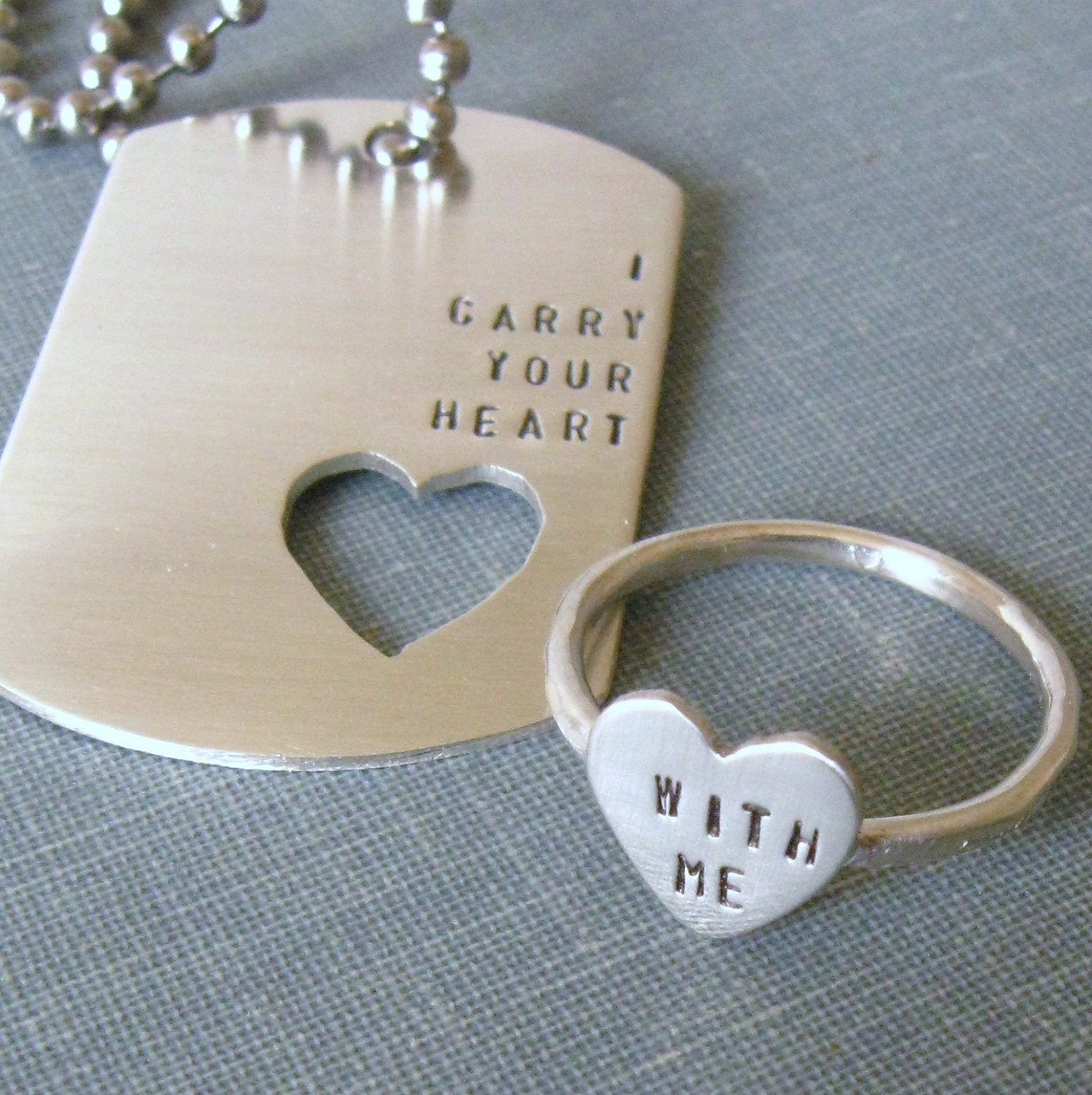 I Carry Your Heart dog tag  and sterling silver HEART ring (INTERTWINE)