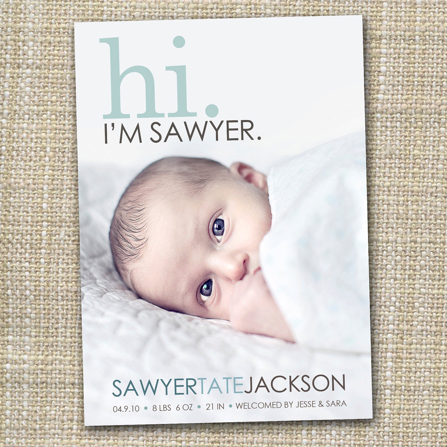 custom baby photo birth announcement  baby boy or girl - simple greeting.