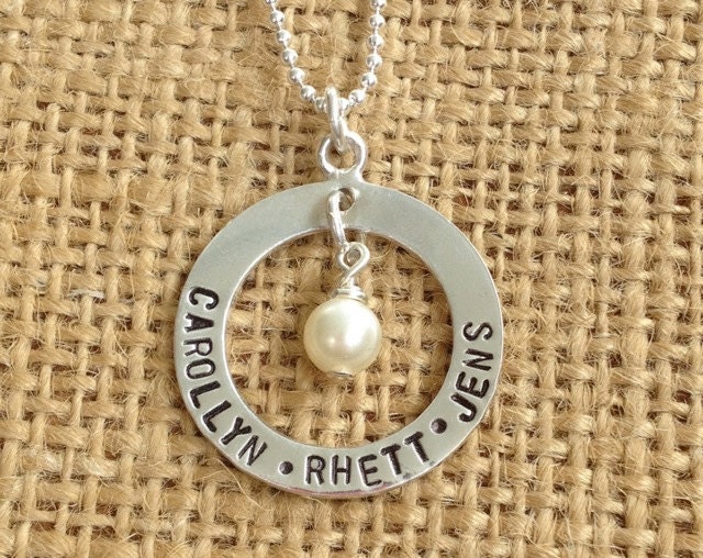 Circle of Love Hand Stamped Personalized Mom Necklace with Pearl