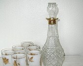 gold rimmed decanter for your bar...vintage pressed glass - mid century man men decor - retro barware - winter white