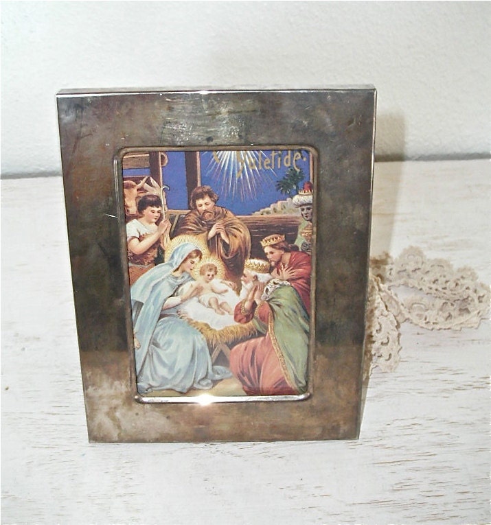 silver plate picture frame from International Silver Co. filled with Christmas nativity print - shabby chic cottage hollywood regency decor