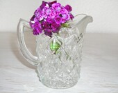 glass pitcher for serving drinks or to hold flowers - vintage cut crystal - shabby chic cottage decor - ornate hollywood regency