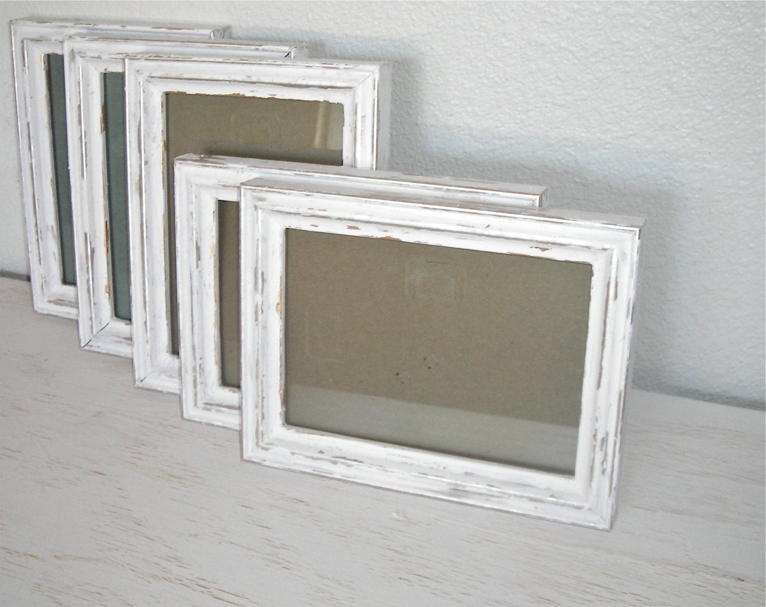 creamy white distressed picture frames with silver and gold accents - set of 5 - instant photo gallery or wedding table decor - cottage chic