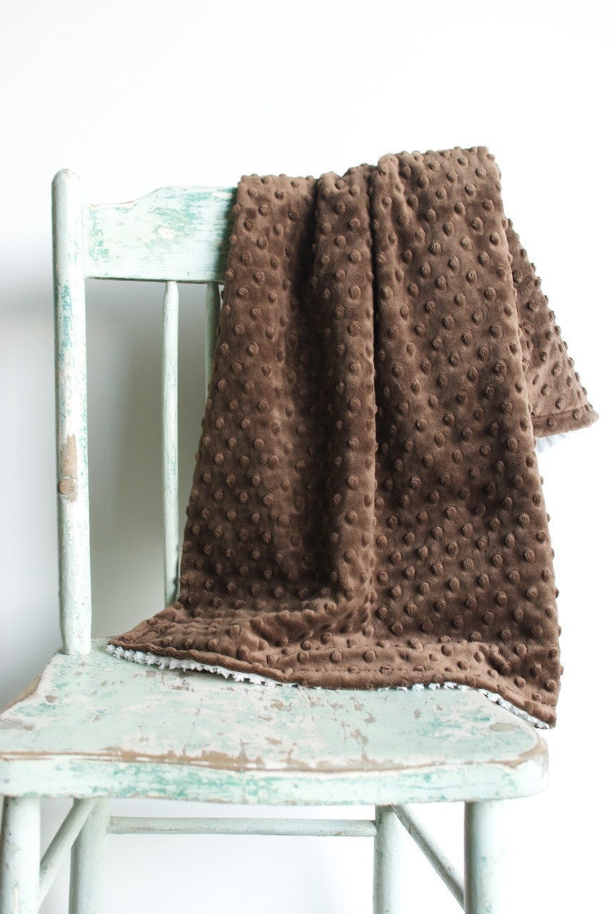 Monogrammed Baby Blanket in RAINDROP, Brown Minky and White Chenille, Personalized with Your Baby Boy's First Name in Designer Fabric