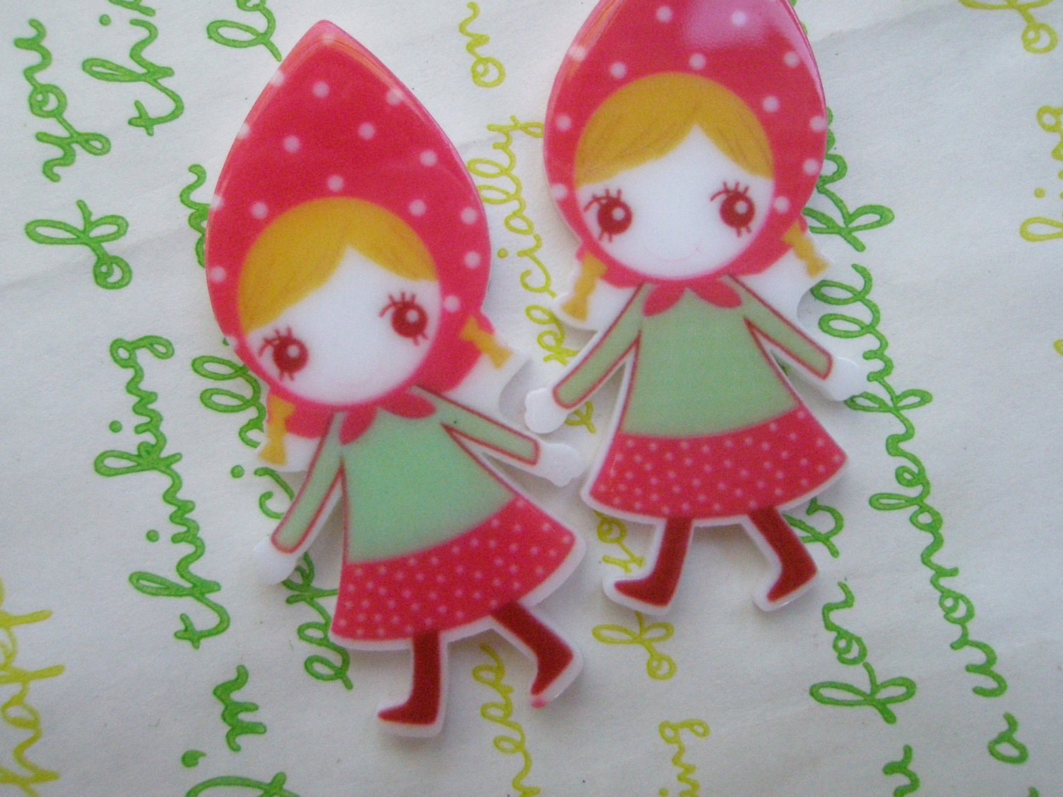 Red Riding Hood acrylic Cabochons 2pcs ( strawberry girl )