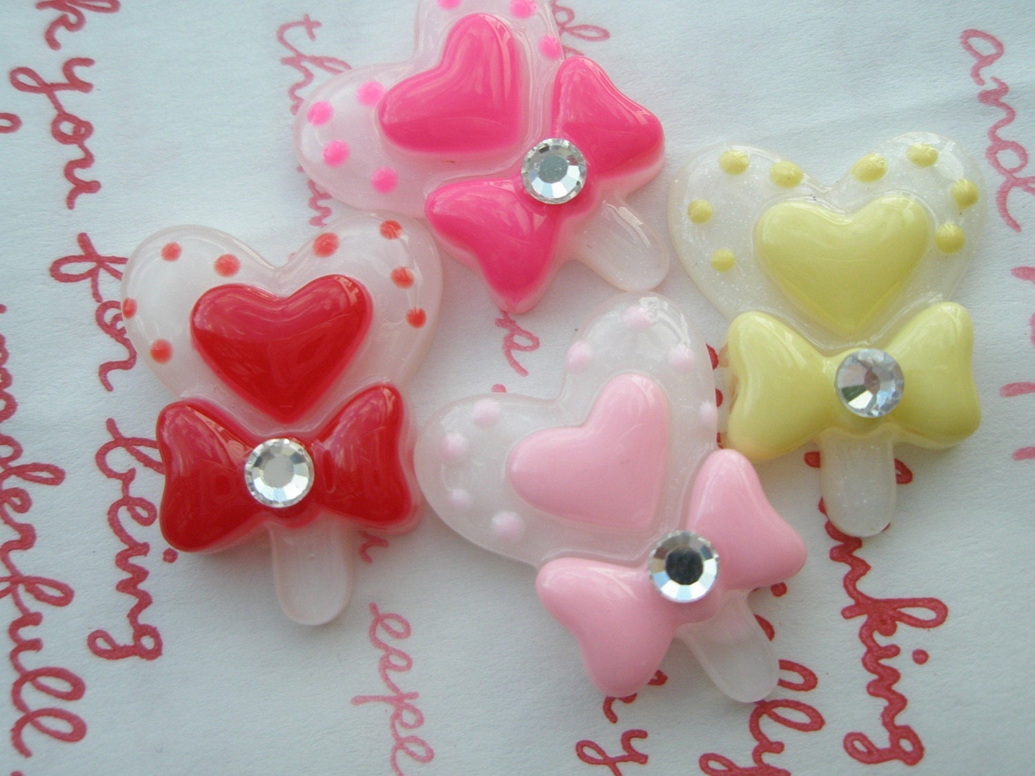 SALE SALE SALE Heart stick with bow and rhinestone cabochons Set 4pcs