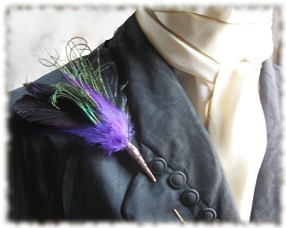 Purple Feathered Boutonniere / Lapel Pin
